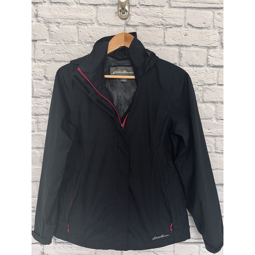 EDDIE BAUER Womens Full Zip Black Jacket With Pink Zipper Sz S Wind/Rain Coat